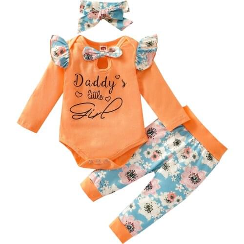 2021 0-24M Cute Baby Girl Clothing Set Letter Print Long Sleeve Ruffle Romper+Floral Harem Pants+Headband Autumn Outfits 3pcs