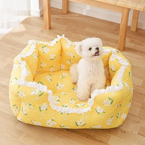 Dog Bed Princess Pet House Flowers Print High Bolster Floral Kennels Cool Cat Sleeping Sofa Pillow for Small Medium Puppy Cats