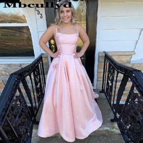 Mbcullyd Lovely Long Pink Prom Dresses With Pocket 2020 Spaghetti Straps Satin Evening Pageant Drress Cheap Sale robe de soiree