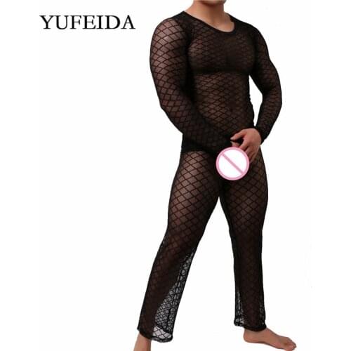 Mens Clothes Set Sexy Men Undershirts Long Sleeve T-shirts Mesh Fishnet See Through Tops Long Johns Men Underwear Pants Trousers