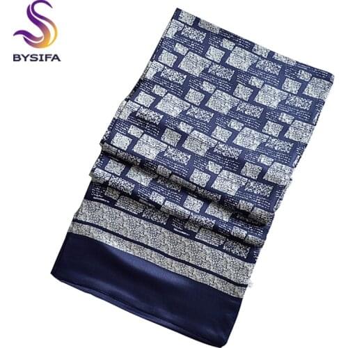 [BYSIFA] New Male Silk Scarf Spring Autumn Plaid Men Long Scarves Printed 160*26cm Fashion Accessories Winter Silk Mulffer