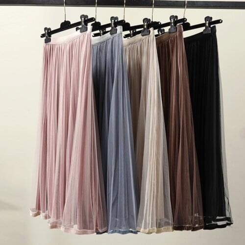 2019 New Spring and Autumn Pleated Skirts Women vintage High waist Mesh Skirts Women black Mid-Calf A-Line Skirts