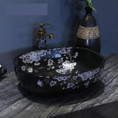 Oval Europe Vintage Style Ceramic Art Basin Sinks Counter Top Wash Basin Bathroom Vessel Sinks wash basin sink black