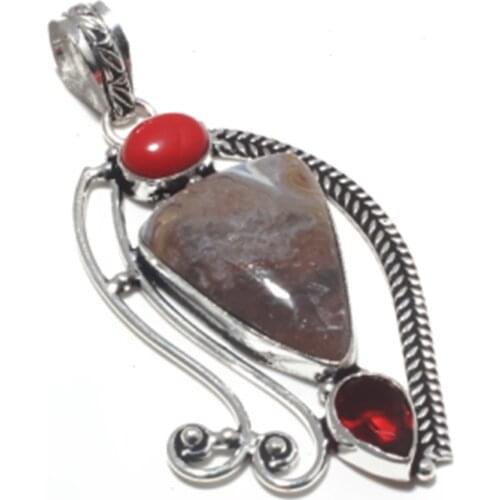 Genuine Crazy Lace Agate + Coral + Garnet Pendant Hand made Women Lady Fine Jewelry gift, 70 mm, P9659