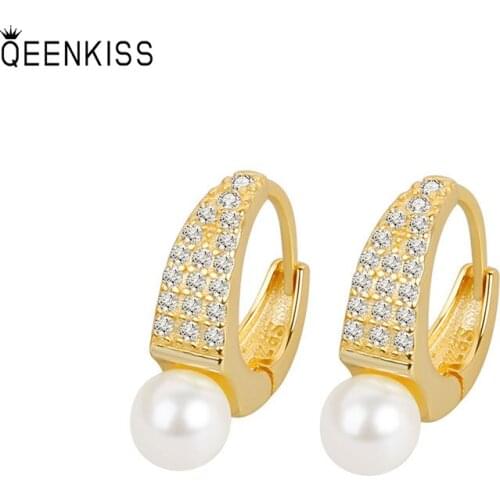 QEENKISS EG666 Fine Jewelry Wholesale Fashion Woman Girl Birthday Wedding AAA zircon Retro 18KT Gold White Gold Hoop Earrings