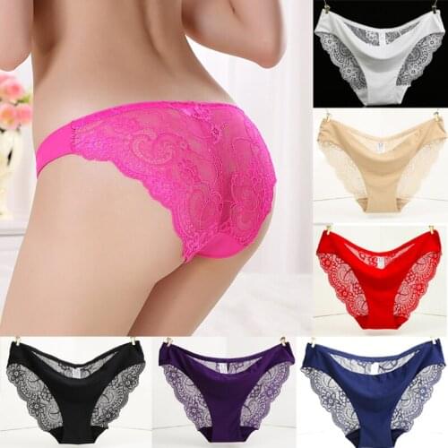 Sexy Lace + Ice Silk Hollow Out Floral G-string Briefs Panties Female Lingerie Underwear Knickers
