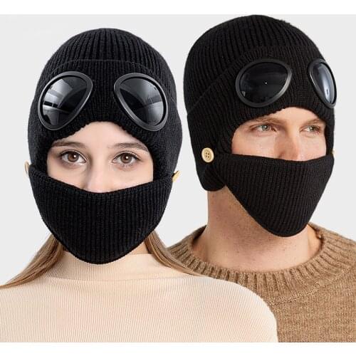Pilot Style Knitted Hat Glasses Ear Cap Thickened Warm Wool Hat Female Hat Mask Man Pilot Style Hat Mask Thermal Knitted Hat
