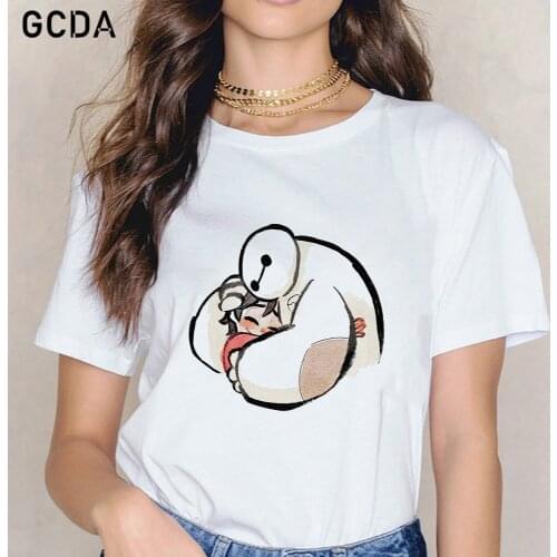 Disney Hug Big Hero 6 Baymax Hiro Print Women T-Shirt Casual White Harajuku Tops Short Sleeve Girls T Shirt Female Dropship