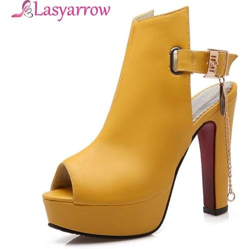 Lasyarrow Women Shoes Thick High Heels Peep Toe Gladiator Pumps Metal Chains Buckle Ankle Strap Slingbacks Pumps Shoes Woman F03