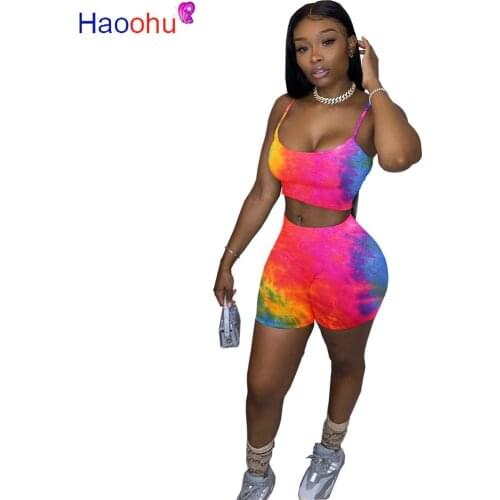 HAOOHU women tracksuit tie dye butterfly print spaghetti strap tops shorts jogger sweatpants suit two piece set matching set