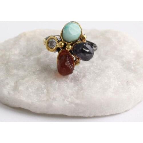 Blue Brown Zircon Gold Plated Womens Silver Ring, Woman 925 Silver Zircon Handmade Ring, MultiColor Oval Zircon