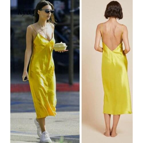 2021 summer new lemon yellow open back retro Silky Satin Dress women Chiffon adjustable Medium length Suspender dresses elegant
