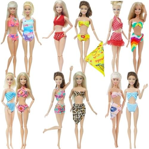 2 Set/ Lot High Quality Doll Swimsuit Flower Striped Bikini Twins Summer Beach Wear Clothes for Barbie Doll Accessoies Kids Toy