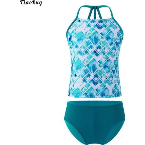 TiaoBug Green 2Pcs Kids Girls Swimwear Straps Cut Out Open Back Geometry Print Tops And Briefs Beach Pool Swimming Bathing Suits