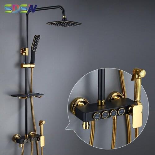Black Gold Shower Set SDSN Square Rainfall Top Shower Head Thermostatic Black Gold Shower System Quality Brass Shower Faucet
