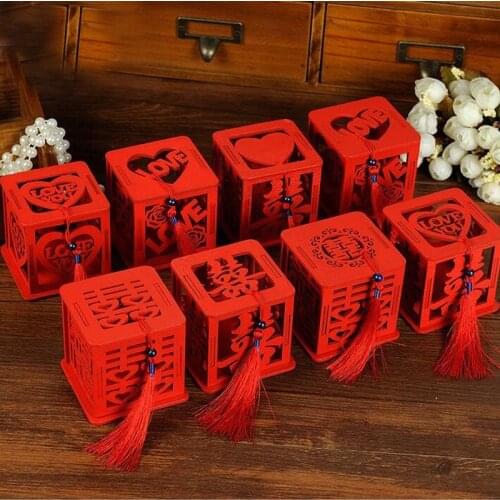 Wood Chinese Double Happiness Wedding Favor Boxes Candy Box Chinese Red Classical Casamento Sugar Case With Tassel ZA3058