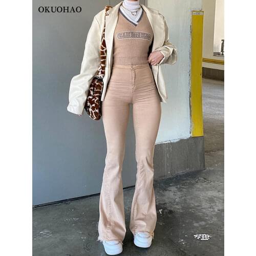 Stretch Flared Jeasn Woman High Waist Mom Jeans Fashion Y2k Denim Pants Slim Trousers 2021 New Streetwear Brown Elephant Jeans