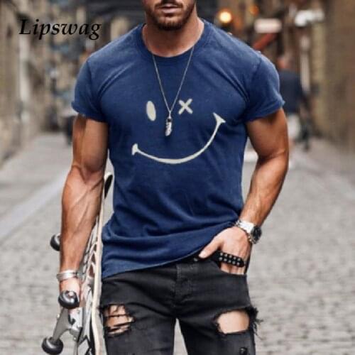 Casual Men Short Sleeve T Shirts Simple Smile Printed Fashion O-Neck Tees Shirt Mens New Summer Loose Basic Tops 2021 Streetwear