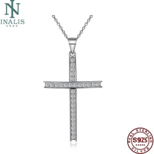 INALIS 925 Sterling Silver Necklace With Zirconia Simple Wind Cross For Women Girl Female Jewelry Wedding Gift
