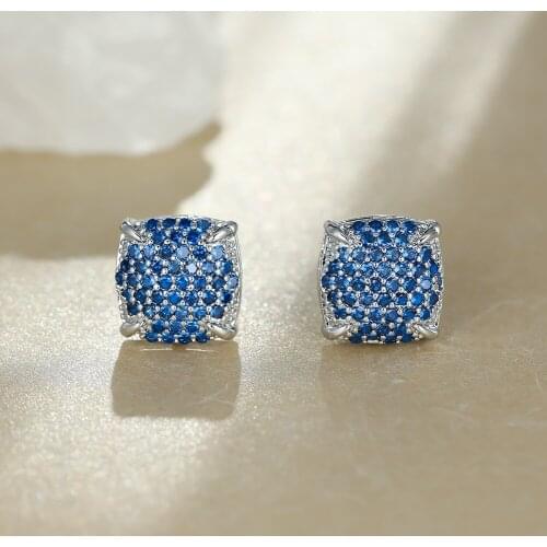 Exquisite Full Blue Zircon Earrings for Women Silver Geometric Square Stud Earrings Wedding Party Jewelry Gift 2021 Trendy