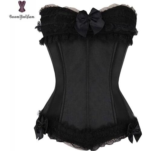 Corset Top Satin Soft Sexy Women Lingeries Overbust Corselet Plus Size Bowknot Lace Decoration Side Hook Closure Bustier Cincher