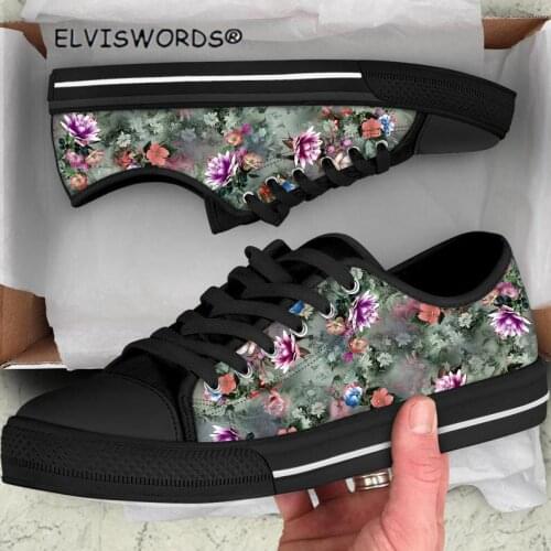 ELVISWORDS Vintage Flowers Printed Casual Ladies Vulcanized Shoes Comfortable Womens Low Top Style Sneakers Zapatos de mujer