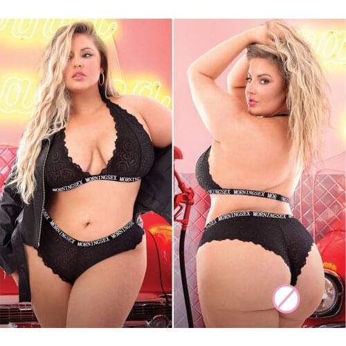 Plus size Letter Print Lace Bralette & Panty Sets Womens Sexy Lingerie Set MORNINGSEX Sheer Big Size Bra & Brief Bikini Sets