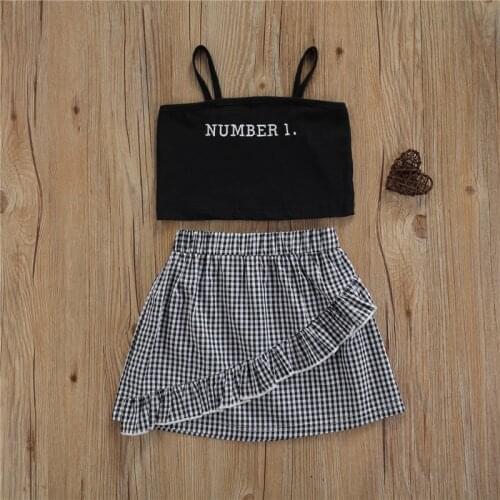 Summer Kids Letter Embroidery Sleeveless Top Plaid Midi Skirt 2pcs Outfits Chid Girl Set 3-8 Years
