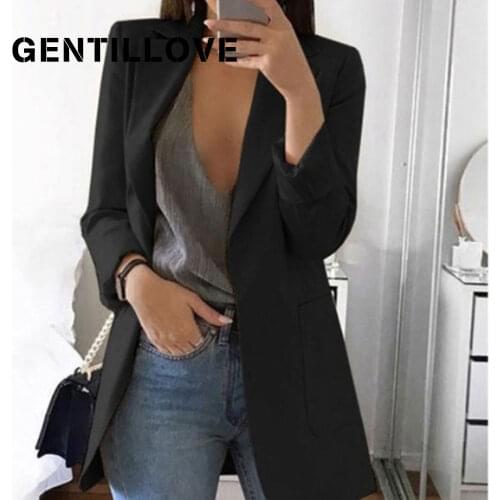 Fashion Women Autumn Blazer Jacket Solid Color Long Sleeve Work Suit Coat Office Lady Elegant Tops Casual Cardigan Blouse