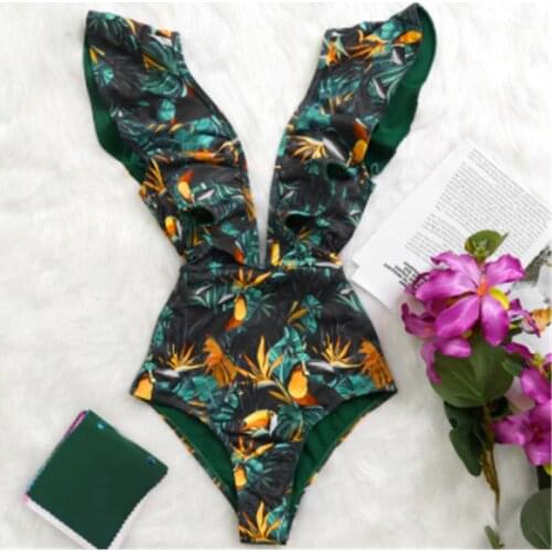 2021 New Print Swimwear Deep V-neck One-shoulder Ruffle Backless Swimsuit One Piece Beach Swimsuit Kostium kąpielowy