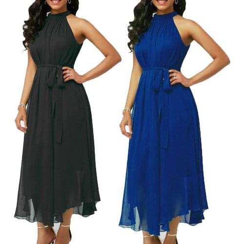 Plus Size Women Summer Solid Color Pleated Chiffon Sleeveless Belted Maxi Dress