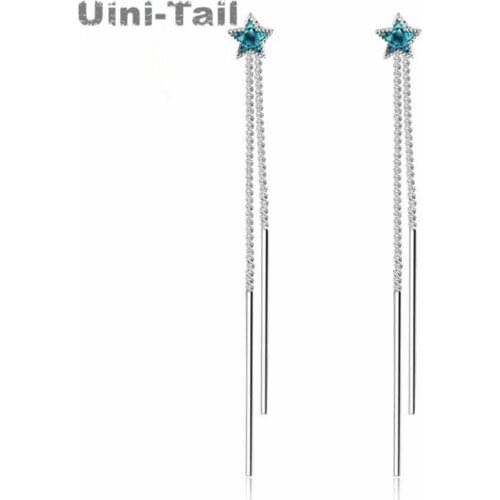 Uini-Tail hot 925 sterling silver Korea symmetrical stars long tassel ear line blue star earrings dual-use small fresh earrings
