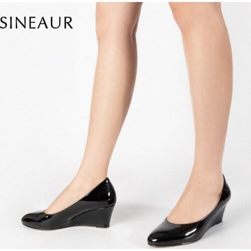 SINEAUR Women Shoes Fashion Low Mid-heel Pumps Wedge Heels Round Toes Patent Leather PU Elegant Office Ladies Plus Size 35-45