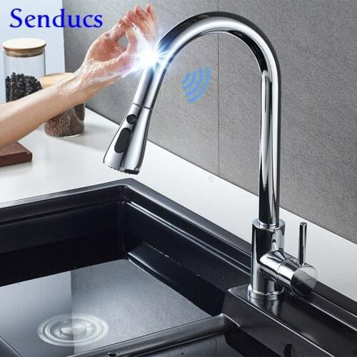 Chrome Sensor Kitchen Faucet Senducs Single Handle Pull Out Kitchen Mixer Tap Polished Chrome Touch Sensor Kitchen Sink Faucets