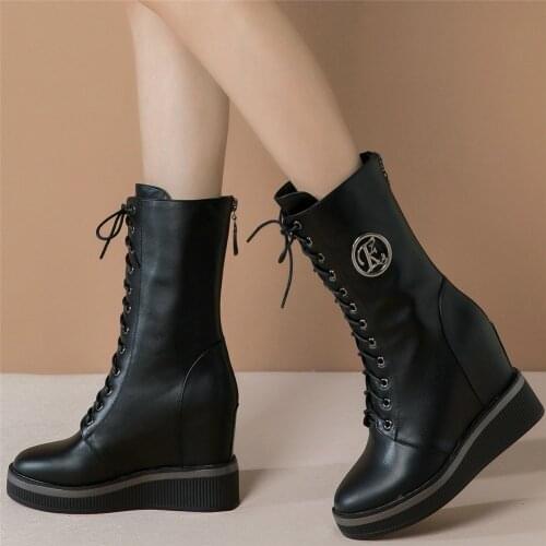 Pumps Shoes Women Lace Up Genuine Leather Wedges High Heel Ankle Boots Female High Top Round Toe Fashion Sneakers Casual Shoes