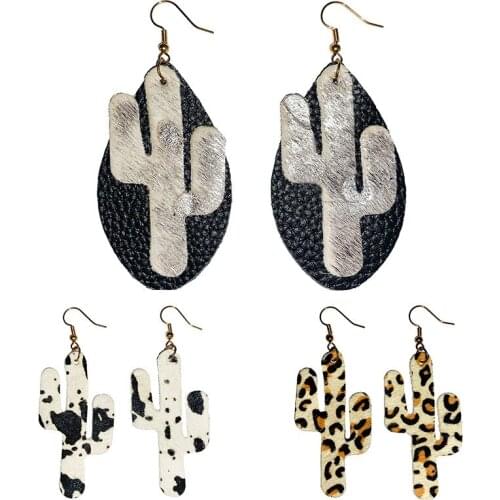 Bohemian Cactus Hair Leather Earrings Ladies Textured Leopard Print Earrings Western Fashion Ear Jewelry Gifts