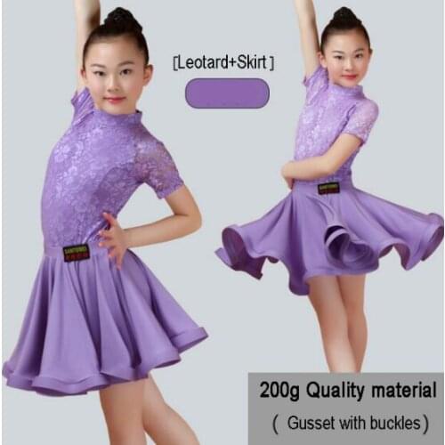 New Girls Latin Dance Skirt Ballroom Salsa Tango Skirts Kid Child Lace Latin Dance Split Dress With Leotard And Skirt