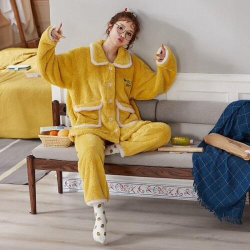 Women 's Pajamas Pure Color Thickened Winter Flannel Two - Piece Suit Thermal Coral Fleece Can Be Worn outside Sweet Home Wear