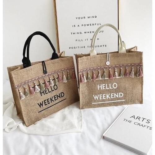 Women Summer Beach Bags Handbags Large Capacity Lady Tassel Shoulder Bag Big Letter Linen Totes Casual Girls Travel Shopping Bag