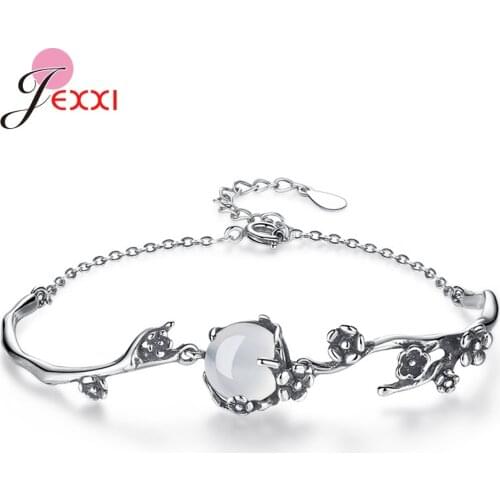 Fashion Jewelry 925 Sterling Silver Plum Blossom White Opal Adjustable Retro Bracelets For Women Girls Party Birthday Gifts