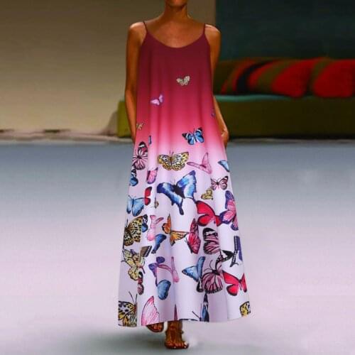 Womens Dresses Summer Sleeveless Butterfly Printed Spaghetti Strap Dress Bohemia Vintage Casual Maxi Dress Plus Size Sundress