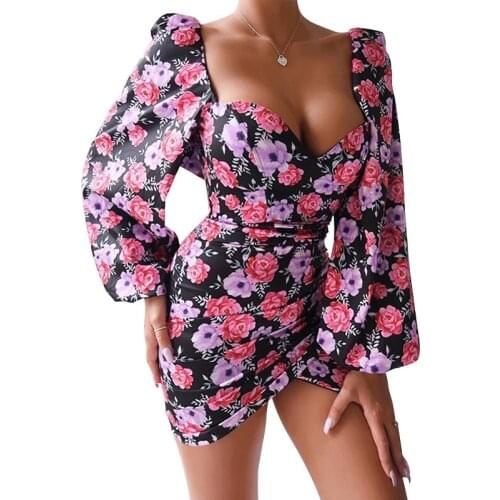 Office Ladey Women Sexy Bandage OL Mini Dress Elegant Long Sleeve High Waist Floral Ladies Dresses Party Club Streetwear