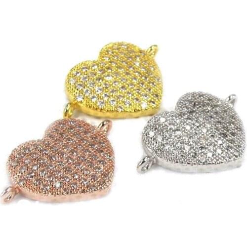 Free Shipping 6pcs/lot Micro Pave CZ Heart Connector Beads Charms Fit For Bracelet Necklace Jewelry Making