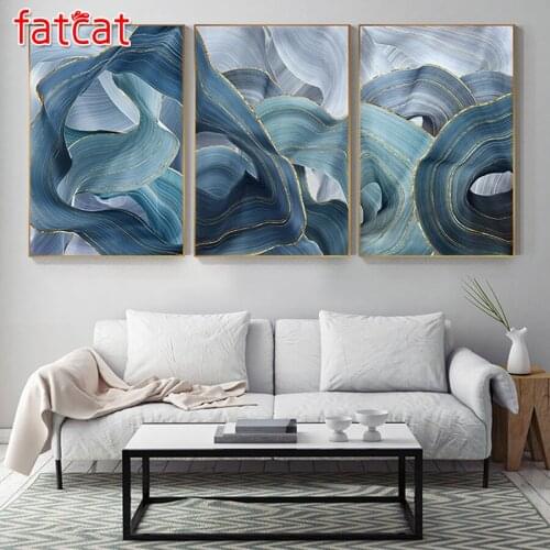 FATCAT Diy Diamond Painting Blue Green Gold Lines Wavy Geometric 5D Full mosaic Diamond Embroidery Wall Art 3pcs/set AE1019