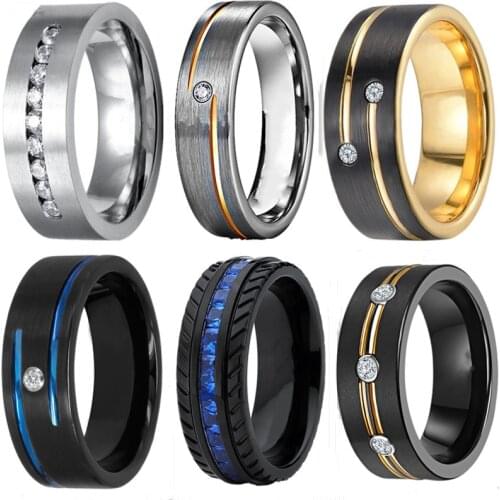 Luxury Mens Fashion Black Tungsten Carbide Ring Gold Plated Grooved Line AAA Cubic Zirconia Wedding Band 8mm Mens Jewelry
