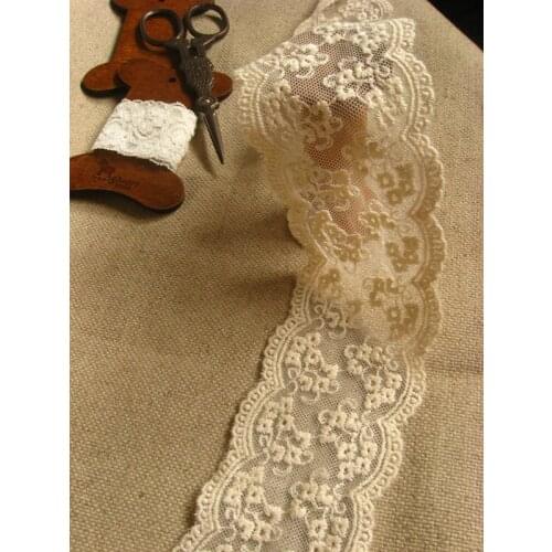 Ivory embroidered lace trim, retro floral gauze lace fabric, scalloped trim lace fabric, vintage style trim lace