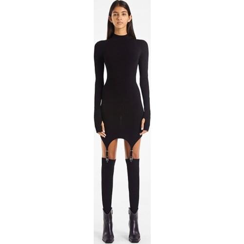 Autumn Spring Mini Dress Female Sexy Long Sleeve Casual Stretchy Elastic Elegant Dresses With Sock High-Neck Women Solid Dresses