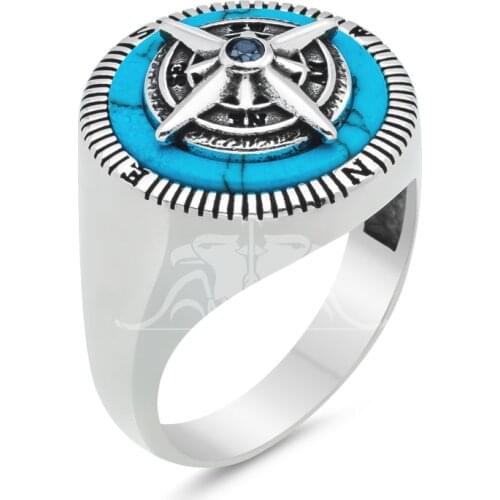 Silver Men Ring with Round Blue Turquoise Gemstone and Compass Figure and North Star Motif