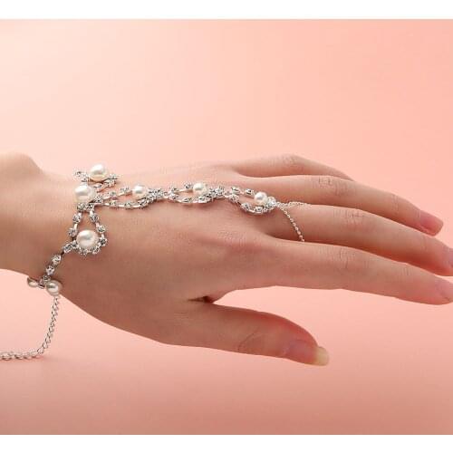 Womens Bracelet Set Ring Fashion Indian Style Leaf Pearl Hand Harness Bracelet Bangle Chain Finger Accessories Women Jewelry