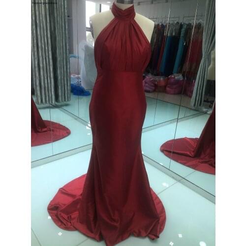 New Arrival Burgundy Colour Evening Dress Modest Long High Neck Backless Party Gown